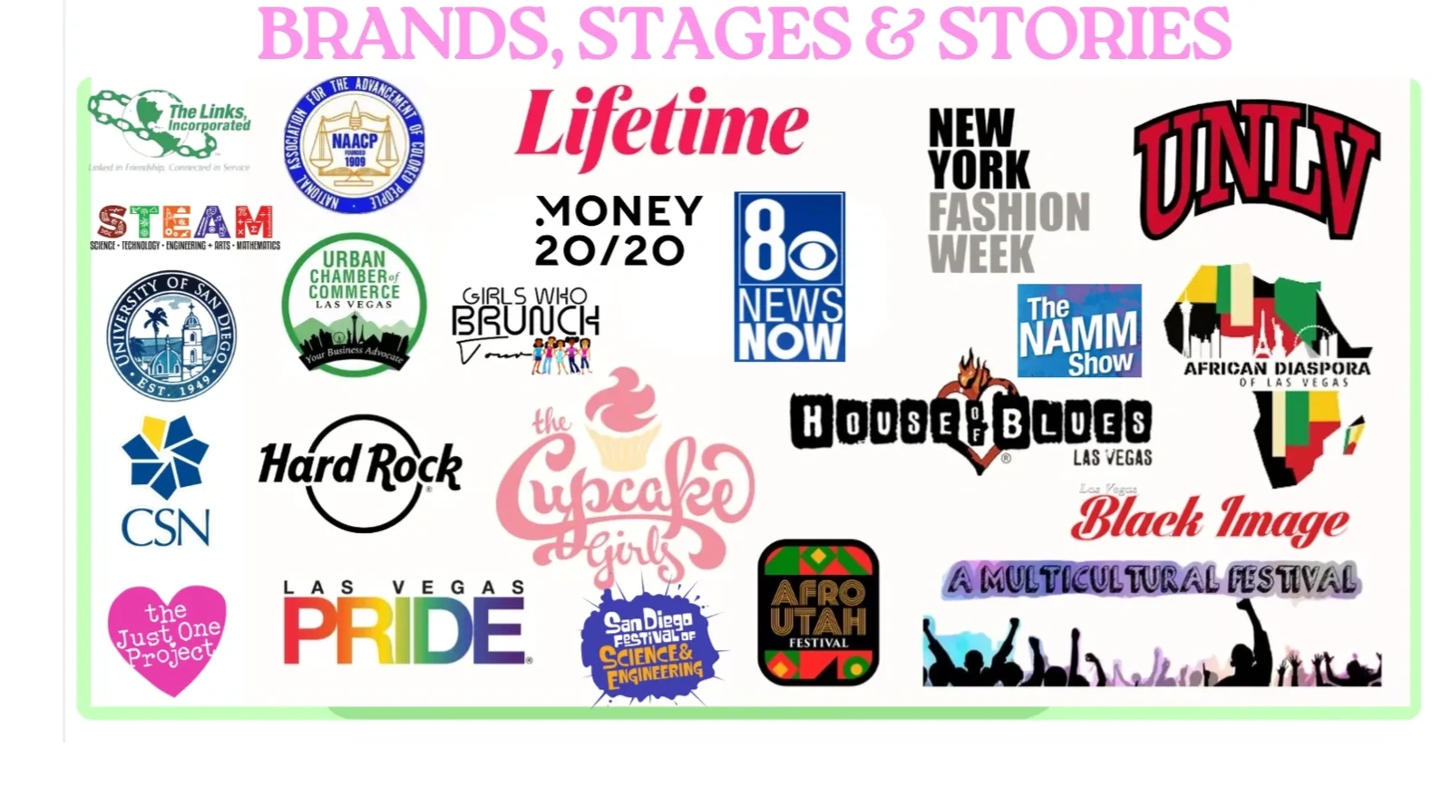 Brands, Stages and Stories — logos of organizations Angie T has worked with